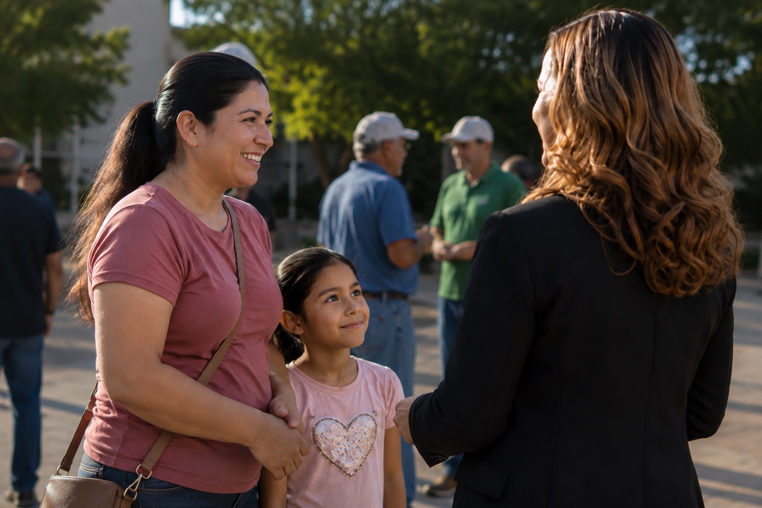Oxsana Pajoluk speaking with a mother and her daughter at a community event