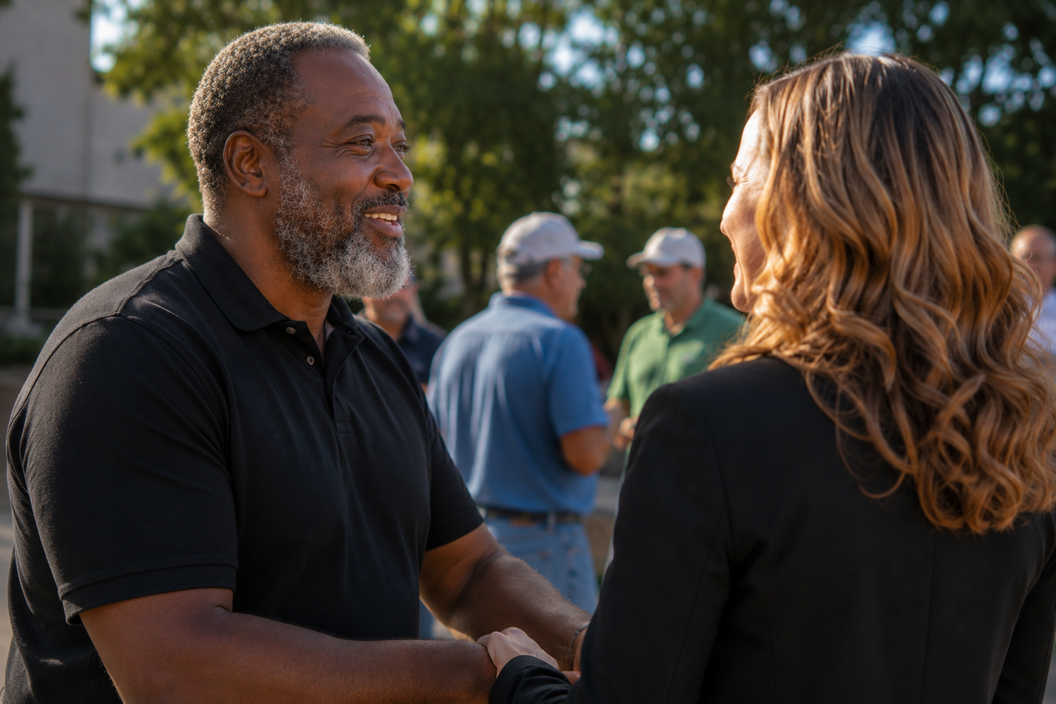 Oxsana Pajoluk greeting a community member with a handshake at a campaign event